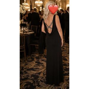 👗 Betsy & Adam Black Gown – Rhinestone Crisscross Waterfall Back– Size 8P